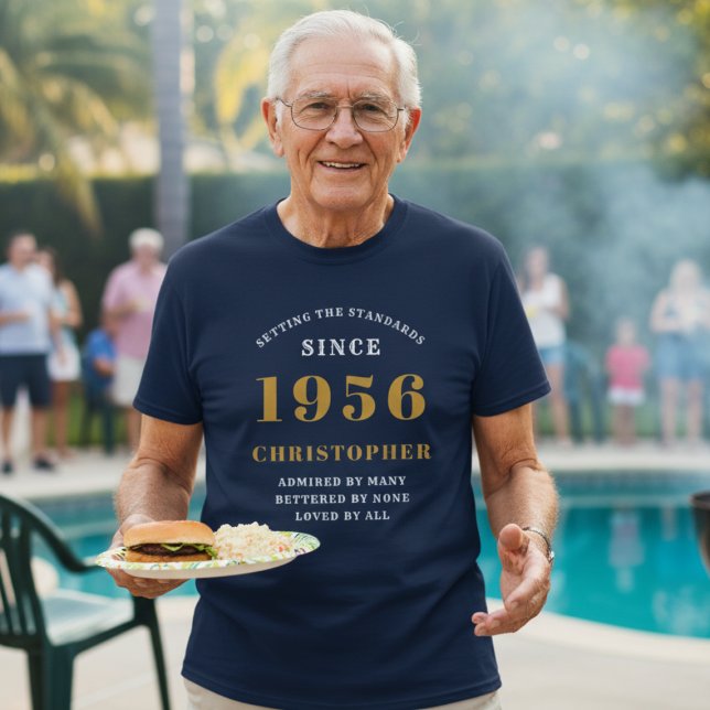 Personalised 70th Birthday 1956 Name Blue Gold T-Shirt (1956 mens birthday tshirt worn beside a pool.)