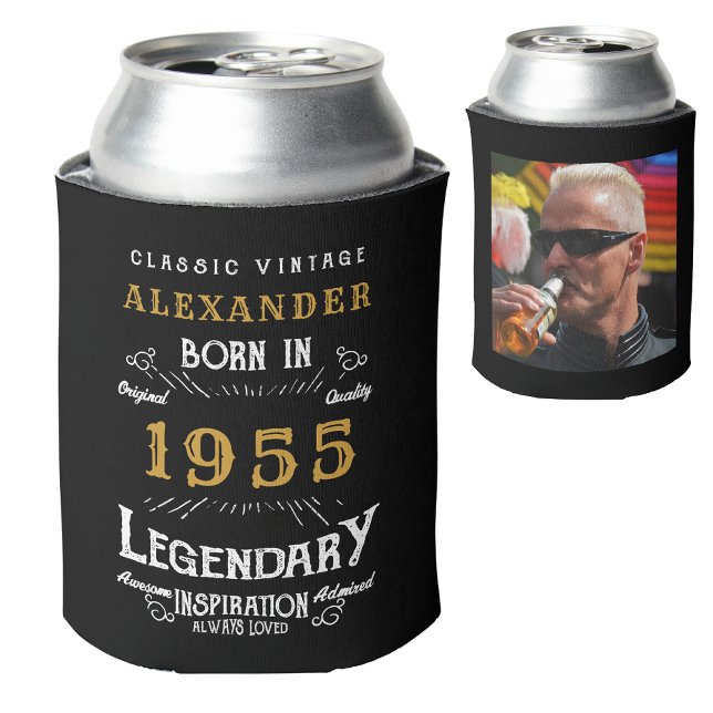 Personalised 70th Birthday Add Name Year Photo Can Cooler (Personalized 70th birthday can cooler for those born in 1955. Custom name, year and photo template.)