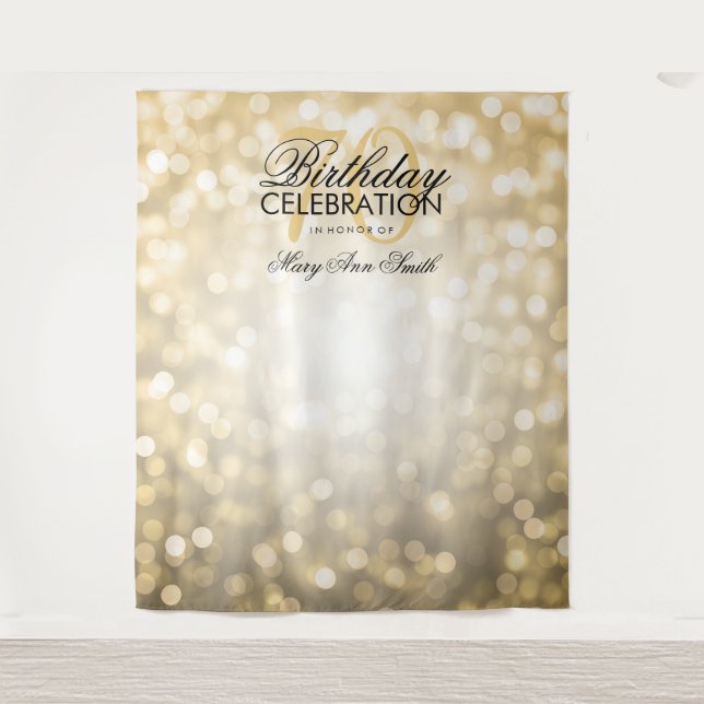Personalised 70th Birthday Backdrop Gold Lights Tapestry (Front)