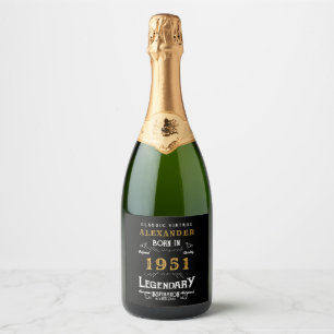 Personalised 70th Birthday Born 1951 Vintage Black Sparkling Wine Label