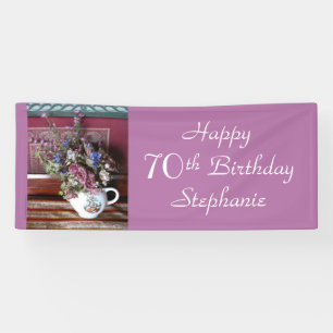 Personalised 70th Birthday Vintage Teapot Purple Banner
