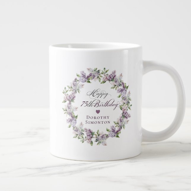 Personalised 75th Birthday Gift Purple Lilac Large Coffee Mug (Right)