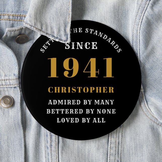 Personalised 80th Birthday 1941 Elegant Black Gold 6 Cm Round Badge (In Situ)
