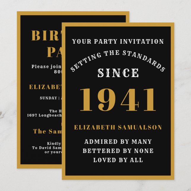 Personalised 80th Birthday 1941 Elegant Black Gold Invitation (Front/Back)