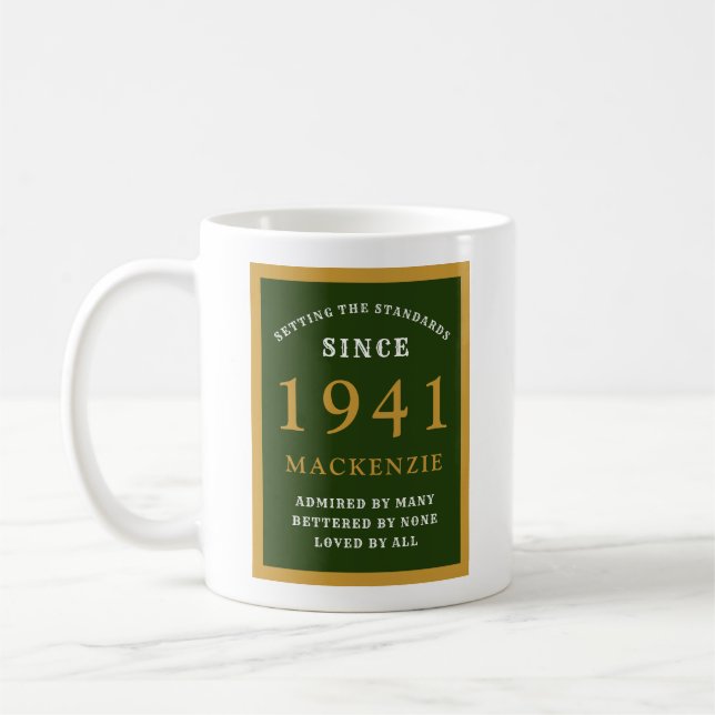 Personalised 80th Birthday 1941 Elegant Green Gold Coffee Mug (Left)