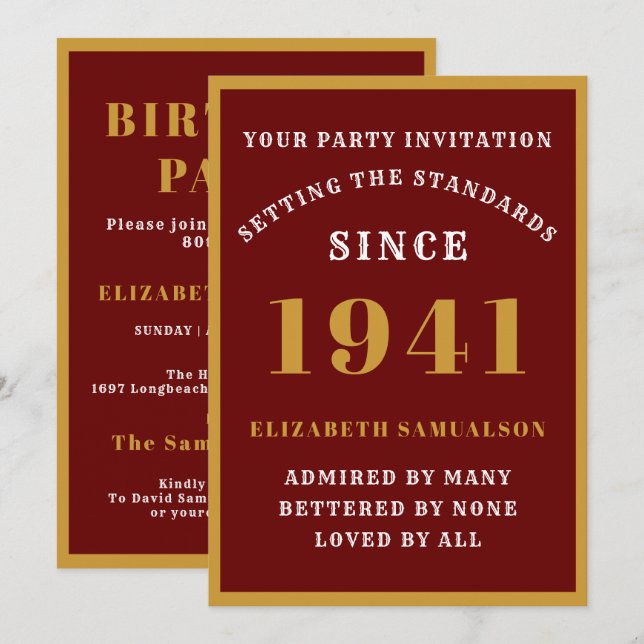 Personalised 80th Birthday 1941 Elegant Red Gold Invitation (Front/Back)