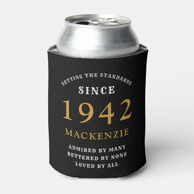 Personalised 80th Birthday 1942 Black Gold  Can Cooler (Can Front)