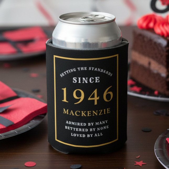 Personalised 80th Birthday 1946 Elegant Black Gold Can Cooler (1946 Can cooler on a party table)