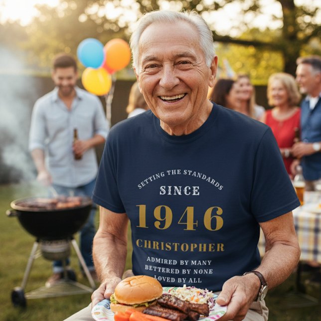 Personalised 80th Birthday 1946 Name Black Gold T-Shirt (1946 tshirt )