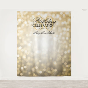 Personalised 80th Birthday Backdrop Gold Lights Tapestry