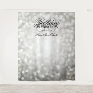 Personalised 80th Birthday Backdrop Silver Lights Tapestry