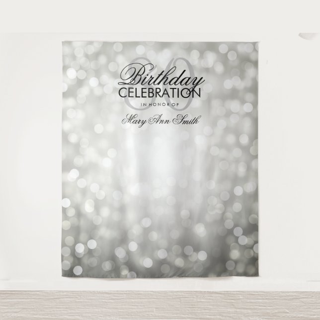 Personalised 80th Birthday Backdrop Silver Lights Tapestry (Front)
