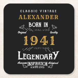 Personalised 80th Birthday Born 1941 Vintage Black Square Paper Coaster