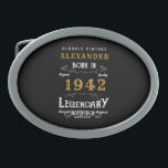 Personalised 80th Birthday Born 1942 Vintage Black Belt Buckle<br><div class="desc">A personalised belt buckle for that birthday persons born in 1942 and turning 80. Add the name to this vintage retro style black, white and gold design for a custom 80th birthday gift. Easily edit the name and year with the template provided. A wonderful custom black birthday gift. More gifts...</div>