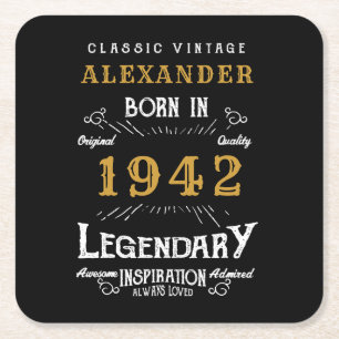 Personalised 80th Birthday Born 1942 Vintage Black Square Paper Coaster