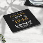Personalised 80th Birthday Born 1945 Vintage Black Square Paper Coaster<br><div class="desc">A personalised classic paper coaster design for that birthday celebration for somebody born in 1945 and turning 80. Add the name to this vintage retro style black, white and gold design for a custom 80th birthday gift. Easily edit the name and year with the template provided. A wonderful custom black...</div>