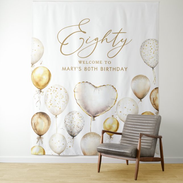 Personalised 80th Birthday Script Gold Balloon Tapestry (In Situ)