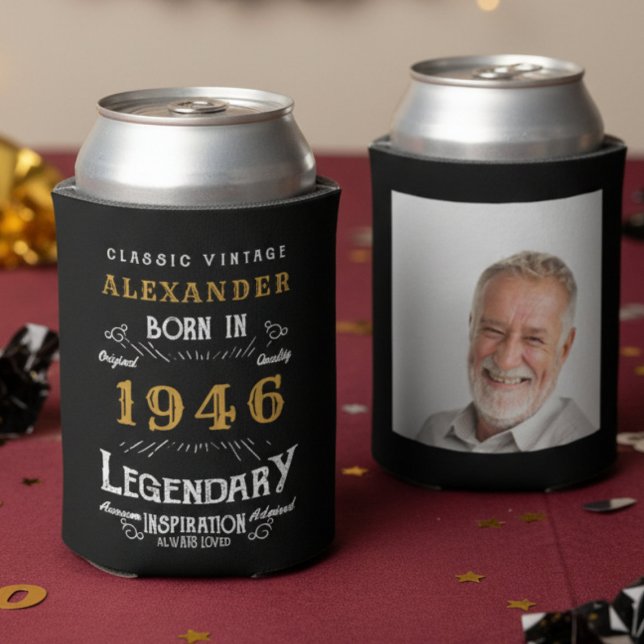 Personalised 80th Birthday Vintage Photo Keepsake Can Cooler (Two can coolers on a red table cloth.)