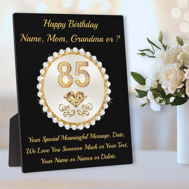 Personalised, 85th Birthday Present, Mum, Grandma, Plaque (Birthday gift ideas for grandma. Black and gold 85th birthday gift ideas for mom, women and her.)