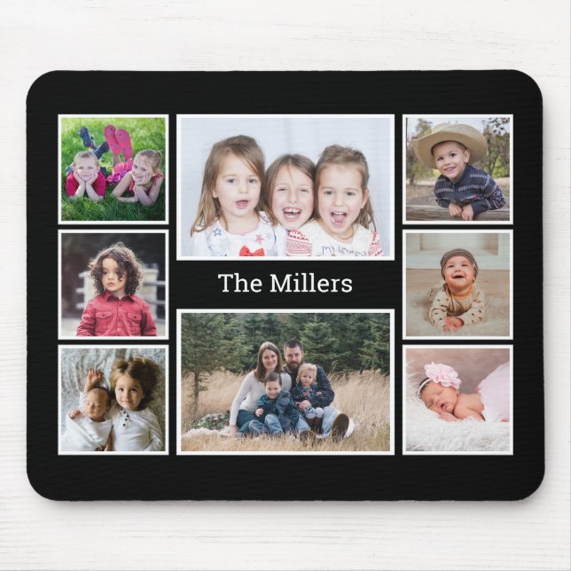 Personalised 8 Photo collage Family Name Black Mouse Mat (Front)