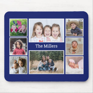 Personalised 8 Photo collage Family Name Blue Mouse Mat