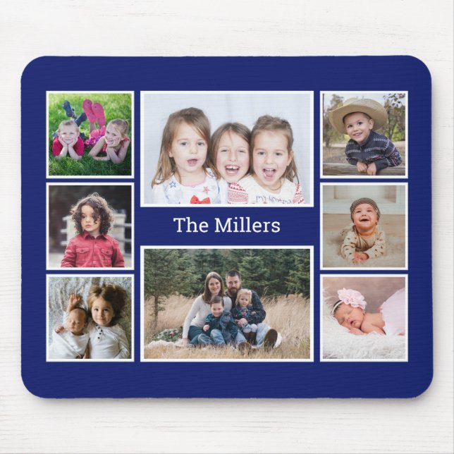 Personalised 8 Photo collage Family Name Blue Mouse Mat (Front)