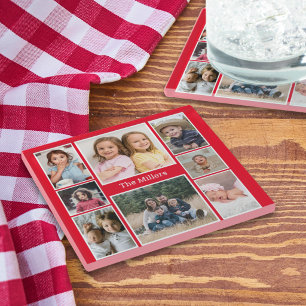 Personalised 8 Photo collage Family Name Red Glass Coaster
