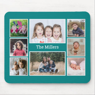 Personalised 8 Photo collage Family Name Teal Mouse Mat