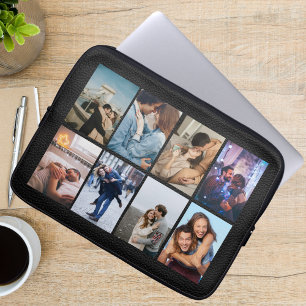 Personalised 8 Photo Collage Modern Black Leather Laptop Sleeve