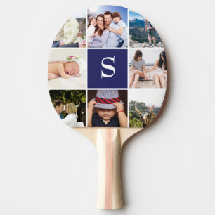 Personalised 8 Photo Collage Monogrammed Blue Ping Pong Paddle