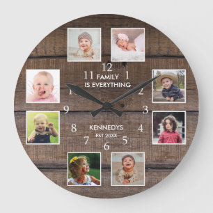 Personalised 8 Photo Collage Rustic Brown Wood Large Clock