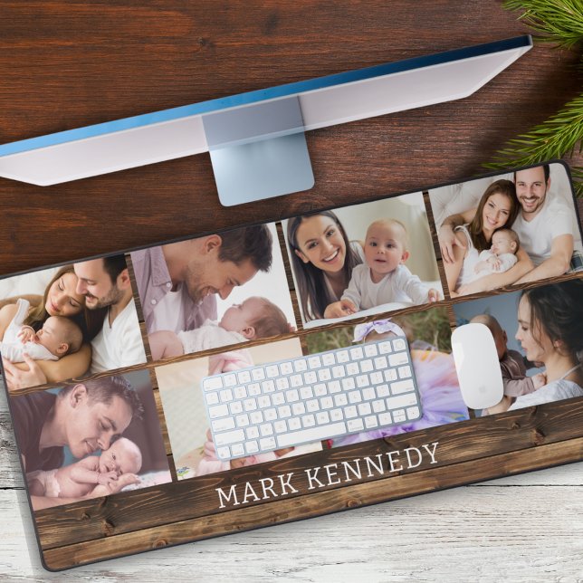 Personalised 8 Photo Collage Rustic Wood  Desk Mat (Creator Uploaded)