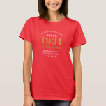 Personalised 90th Birthday 1931 Elegant Chic Red T-Shirt<br><div class="desc">90th birthday red and gold t-shirt. Easily customise the text of this born in 1931 "Standards" shirt using the template provided. Part of the setting standards range cards and gifts..</div>