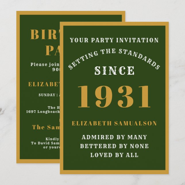 Personalised 90th Birthday 1931 Elegant Green Gold Invitation (Front/Back)