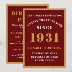 Personalised 90th Birthday 1931 Elegant Red Gold Invitation