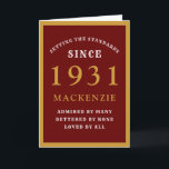 Personalised 90th Birthday 1931 Red Gold Chic Card<br><div class="desc">90th birthday red and gold birthday card for those special people born in 1931. Easily customise the text to the front and the interior of this birthday card using the template provided. Part of the setting standards range of greeting cards.</div>
