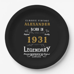 Personalised 90th Birthday Born 1931 Vintage Black Paper Plate