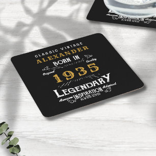 Personalised 90th Birthday Born 1935 Vintage Black Square Paper Coaster