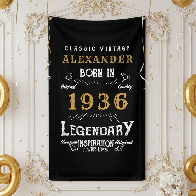 Personalised 90th Birthday Born 1936 Retro Party Banner (1936 birthday wall banner on a white wall)