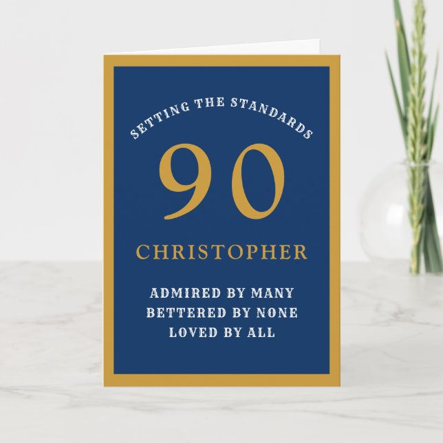 Personalised 90th Birthday Dad Blue Gold Chic Card (Front)