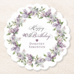 Personalised 90th Birthday Purple Lilac Flower Paper Coaster