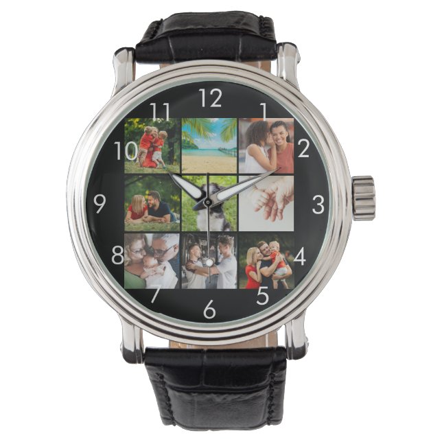 Personalised 9 Family Photo Collage Black Watch (Front)