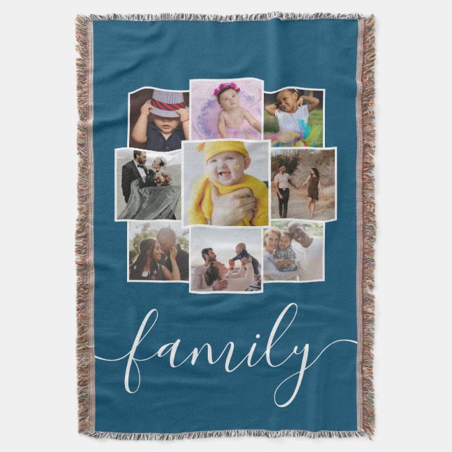 Personalised 9 Photo and Text Photo Collage Family Throw Blanket (Front Vertical)