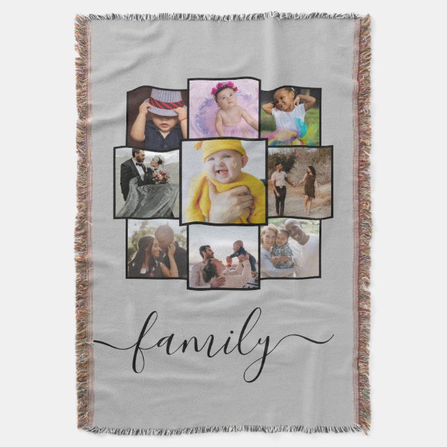 Personalised 9 Photo and Text Photo Collage Family Throw Blanket (Front Vertical)