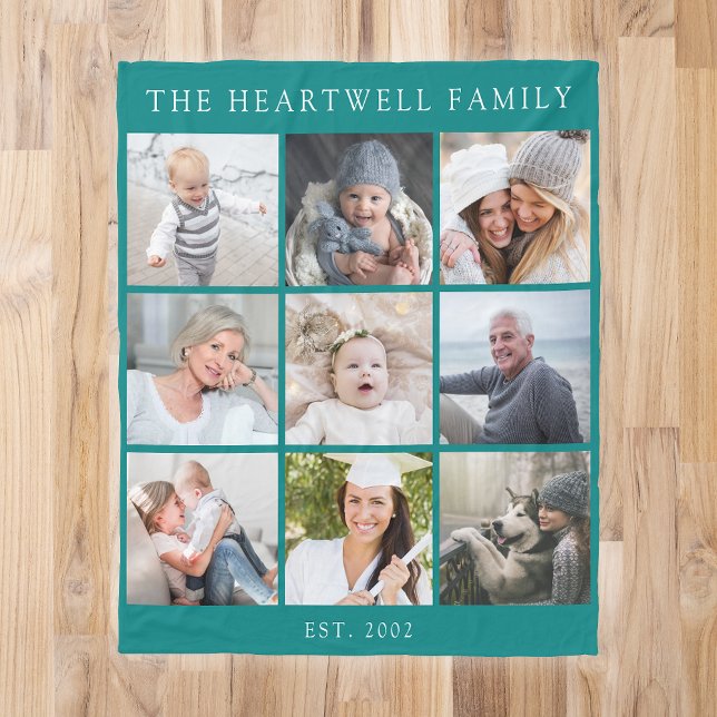 Personalised 9 Photo Collage Family Teal Blue Fleece Blanket (Creator Uploaded)