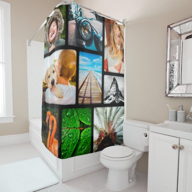Personalised 9 Photo Collage Template Black Framed Shower Curtain (In Situ)