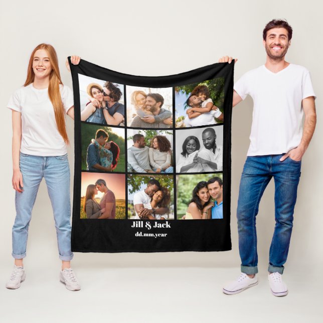 Personalised 9 Photo Collage Template for Couples Fleece Blanket (In Situ)