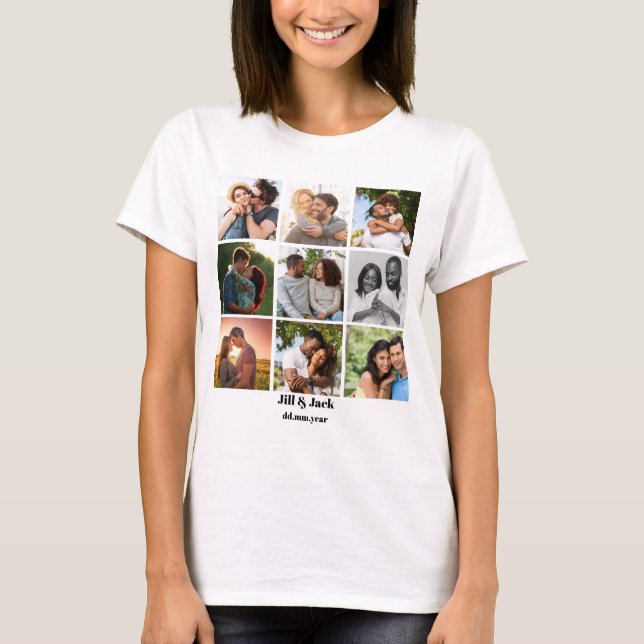 Personalised 9 Photo Collage Template for Couples T-Shirt (Front)