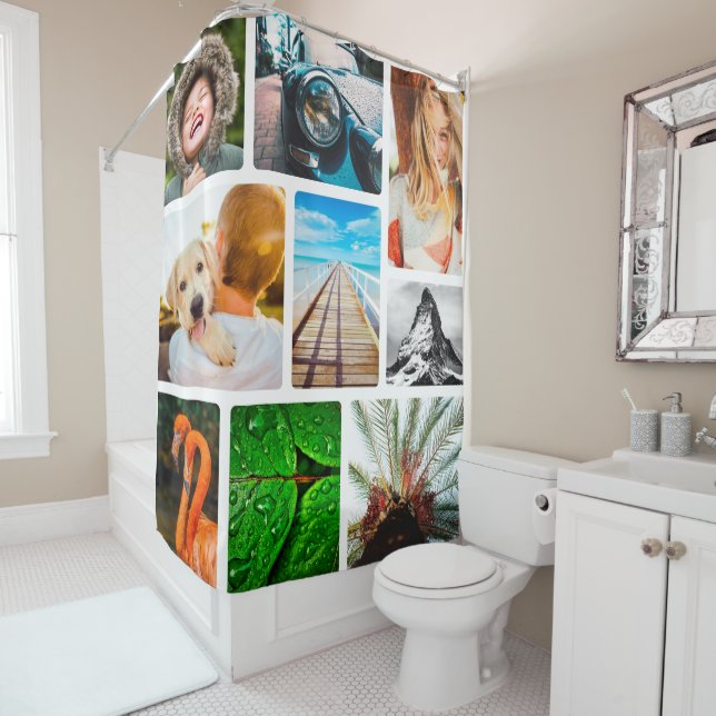 Personalised 9 Photo Collage Template Framed Shower Curtain (In Situ)