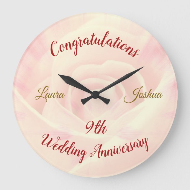 Personalised 9th Wedding Anniversary Large Clock (Front)